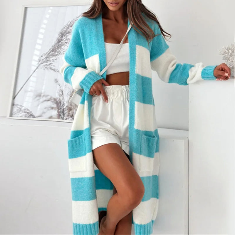 Cardigan Long À Rayures Larges Sofia Amoretti Décontracté Confort Doux Tissu Pelucheux