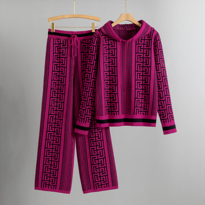 Sofia Amoretti Ensemble Tricot Tendance Avec Capuche Pantalon Motif Meander Confortable Et Moderne