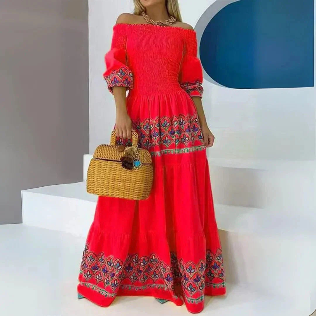 Robe Maxi Smockée À Épaules Dénudées Solana Amawinc Bohème Avec Broderies Colorées Pour L'Été