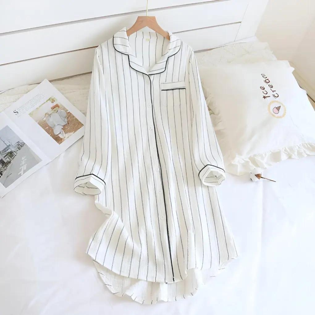 Chemise De Nuit Rayée En Coton Gaze Pour Femmes Ultra Confortable Fraîche Taille Plus