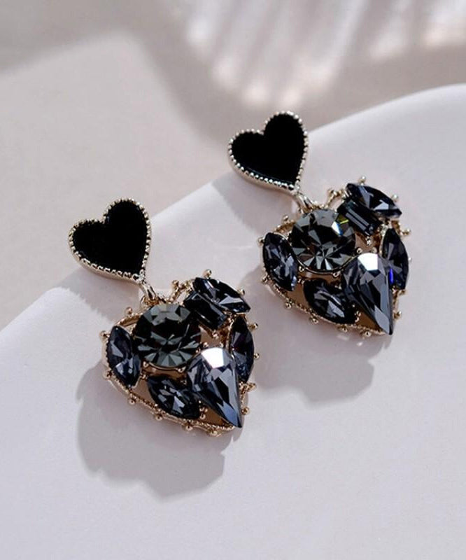 Boucles d'oreilles pendantes élégantes en alliage noir avec zircon Love - Amawinc