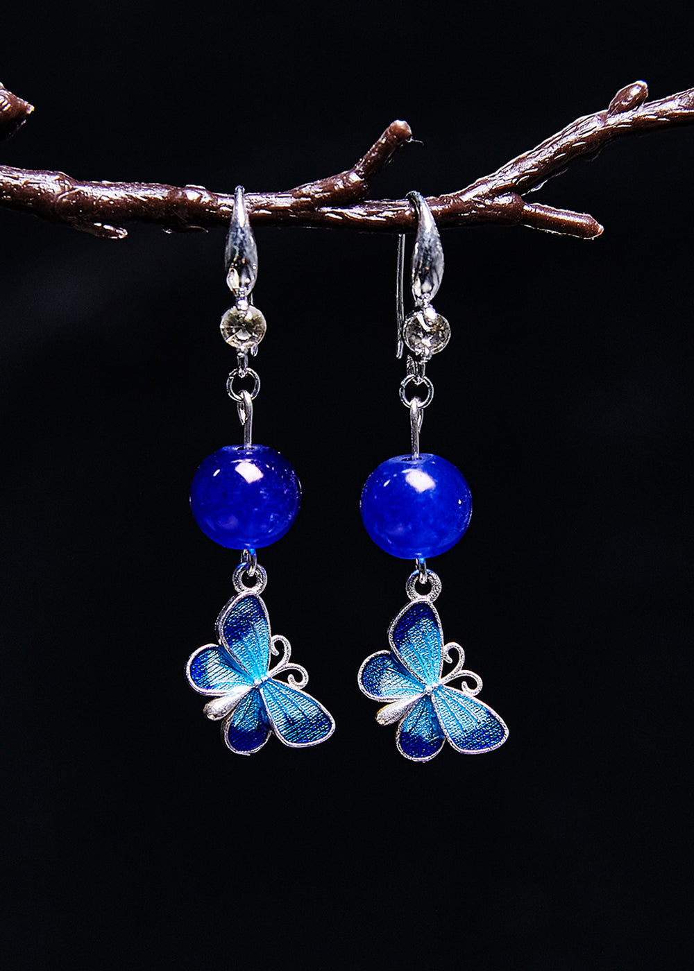 Boucles d'oreilles pendantes élégantes en pierre précieuse papillon bleu - Amawinc