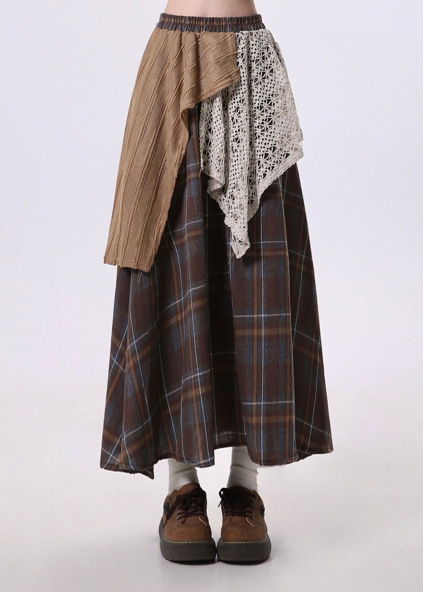 Jupe patchwork asymétrique marron élégante en coton pour le printemps - Amawinc