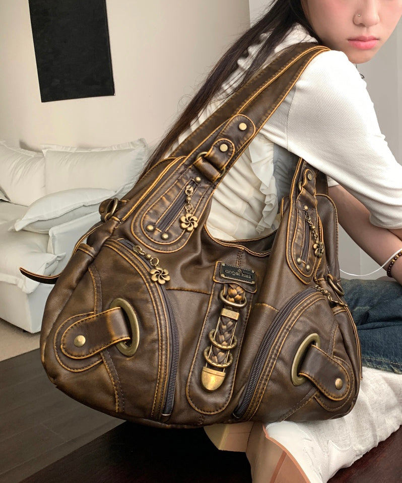 Sac à main élégant en similicuir marron avec fermeture éclair et grande capacité - Amawinc