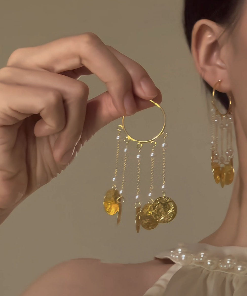 Boucles d'oreilles créoles élégantes en alliage de cuivre doré avec pampilles et perles - Amawinc