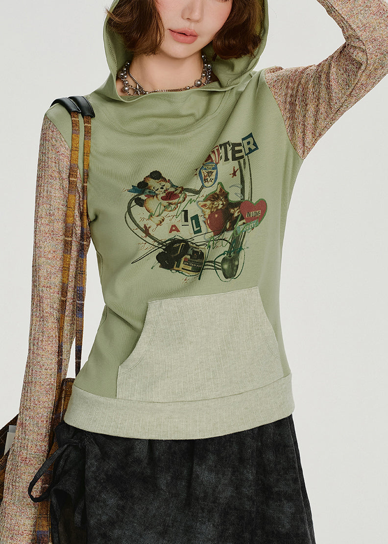 Sweat-shirt à capuche vert élégant en coton patchwork, idéal pour le printemps - Amawinc