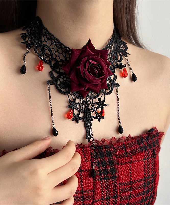 Ensemble élégant de deux pièces avec collier et bracelet en chaîne en dentelle rouge et rose, collier princesse à pompons - Amawinc