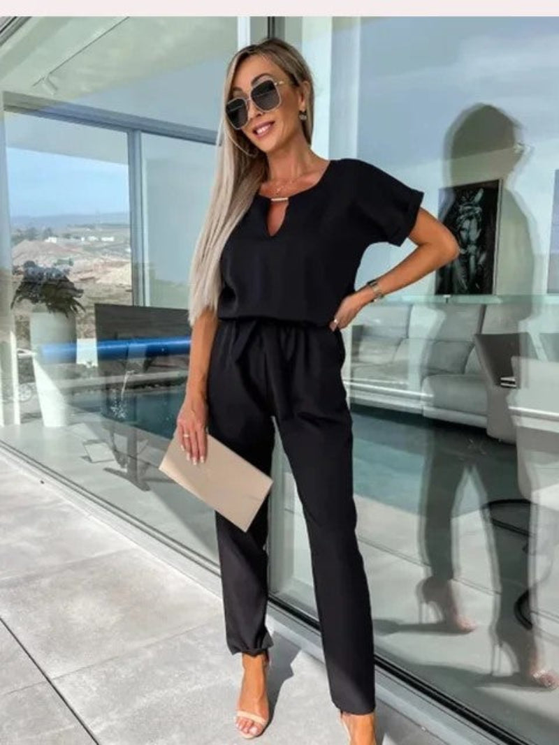 Combinaison Femme Légère En Viscose Encolure en V Manches Courtes Taille Elastique Look Décontracté