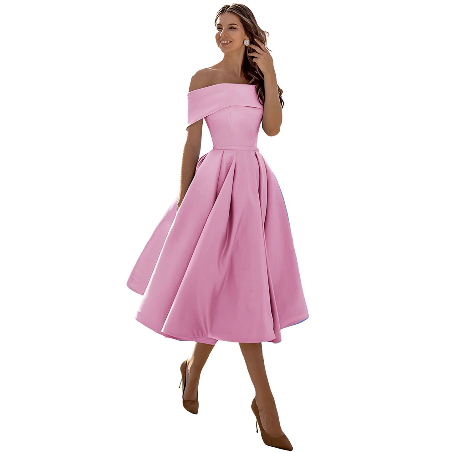 Himmelblaues Satin Off-Shoulder Kleid von Fudus