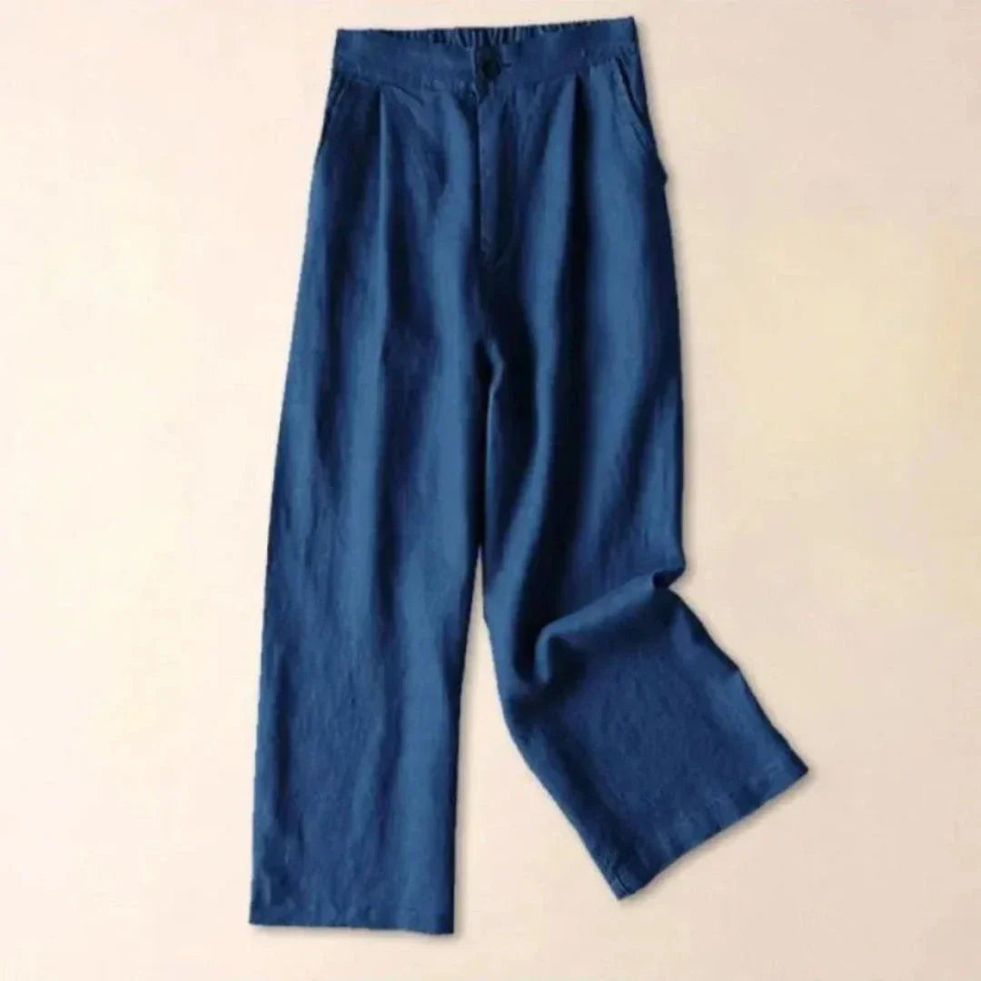Pantalon Lin Mélange Terry À Taille Haute À Jambe Large Avec Plis Pour Bureau Et Décontracté