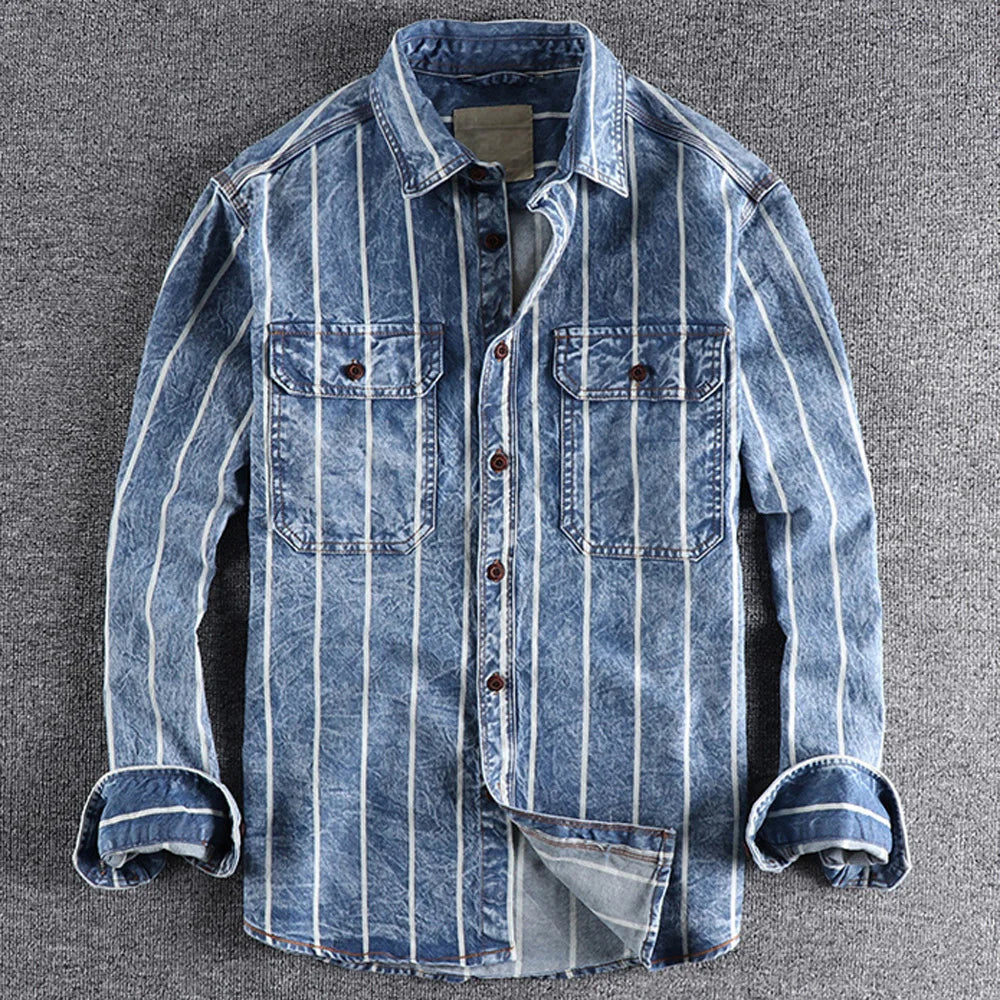 Chemise Denim Bleu avec Rayures Blanches Theodore Willow Style Vintage Poches avant