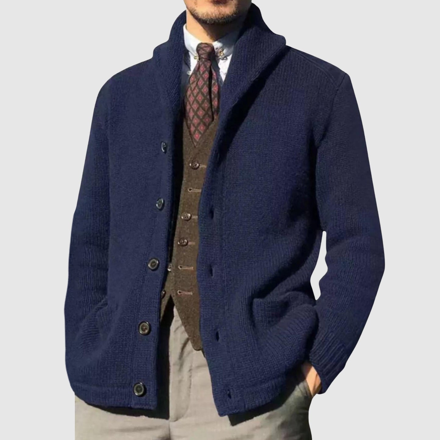 Cardigan Tricot Vintage Theodore Willow Avec Col Revers Et Design Bicolore Élégance Moderne