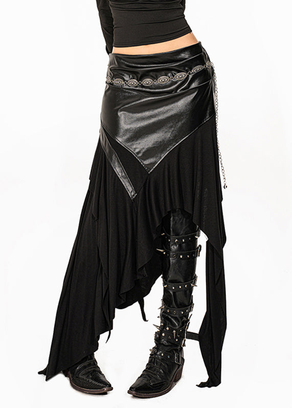 Jupe longue taille haute en PU patchwork noir unique pour l'été - Amawinc