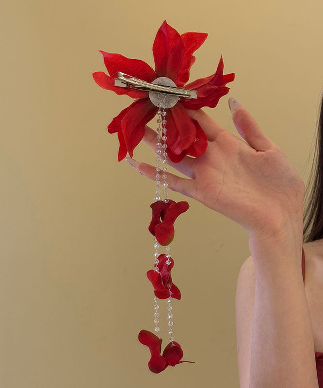 Épingle à cheveux unique en forme de pompon avec perles de rocaille florales rouges - Amawinc