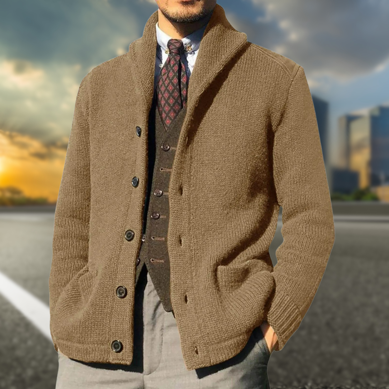 Cardigan En Maille Pour Homme Amawinc Avec Col Châle Boutons Et Poches Confort Classique Mélange Acrylique Laine
