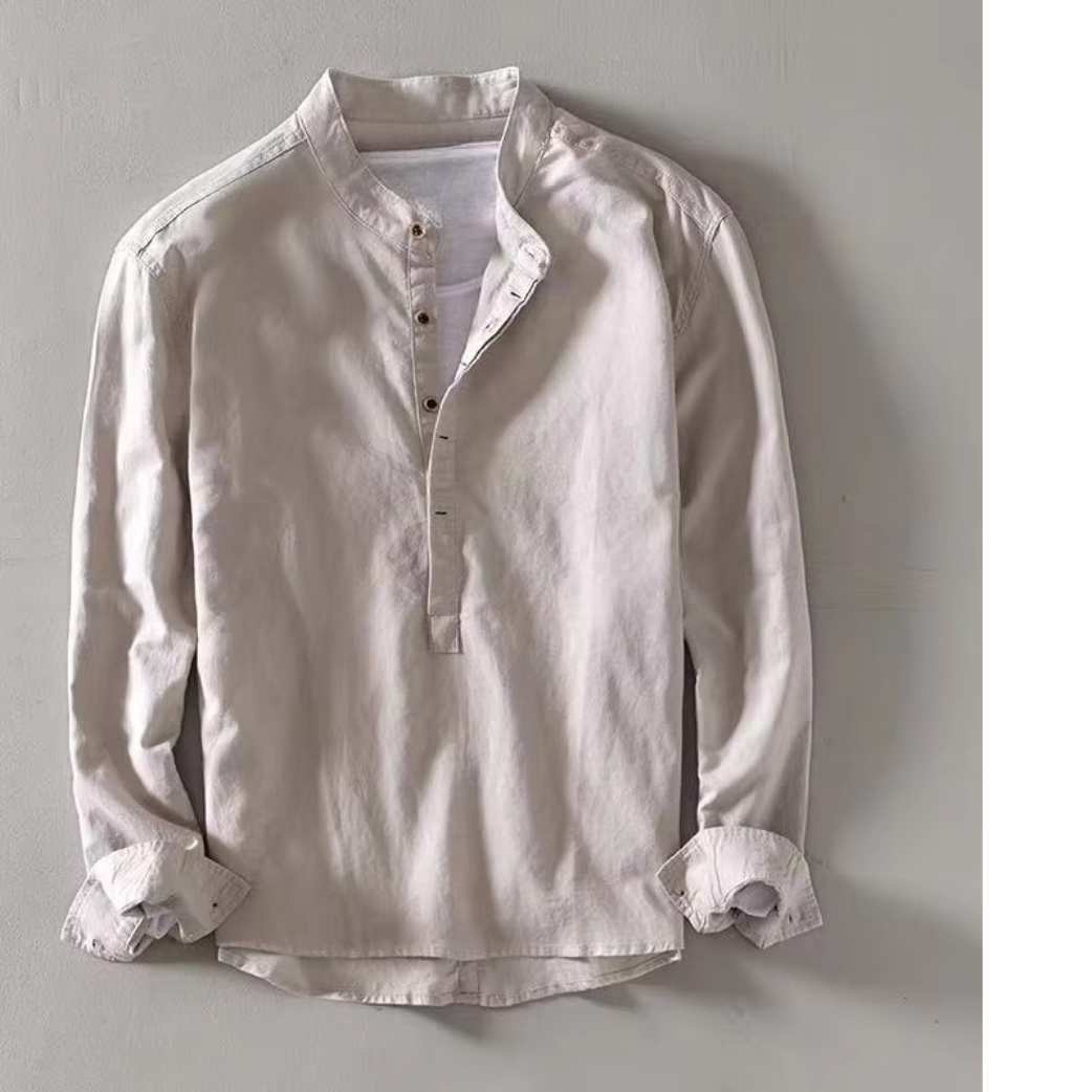 Amawinc Chemise Homme Été en Lin Mélangé Col Debout Manches Longues Respirante Décontractée