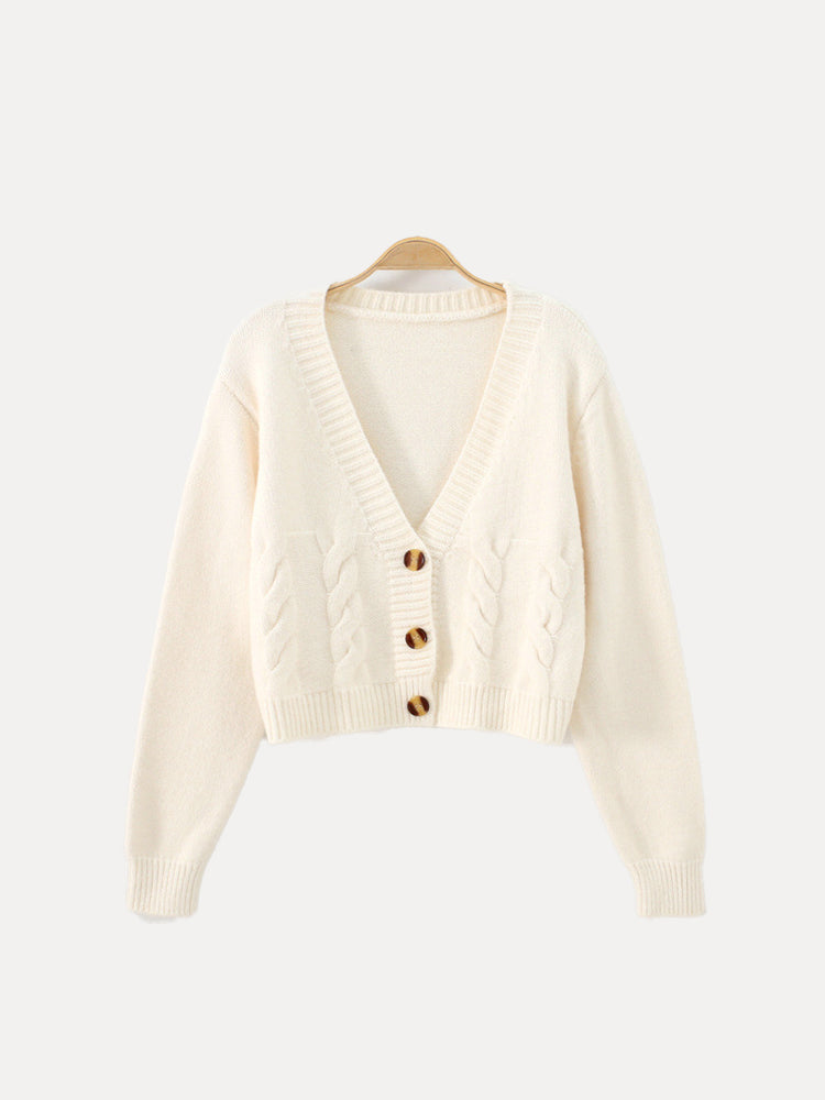 Ella Pull Court En Tricot À Col V Boutonné Pour Femme Avec Texture Câble Et Douceur Pour Automne Hiver