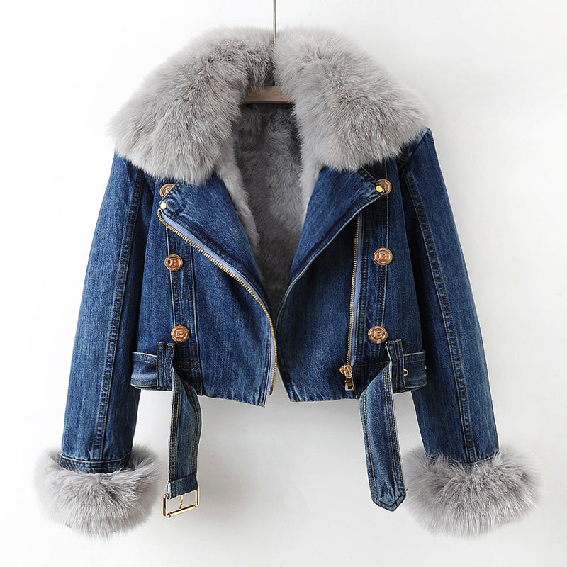 Manteau En Denim Luxueux Valentina Rossi Avec Col En Fourrure Synthétique Et Doublure Mélange Polyester Western