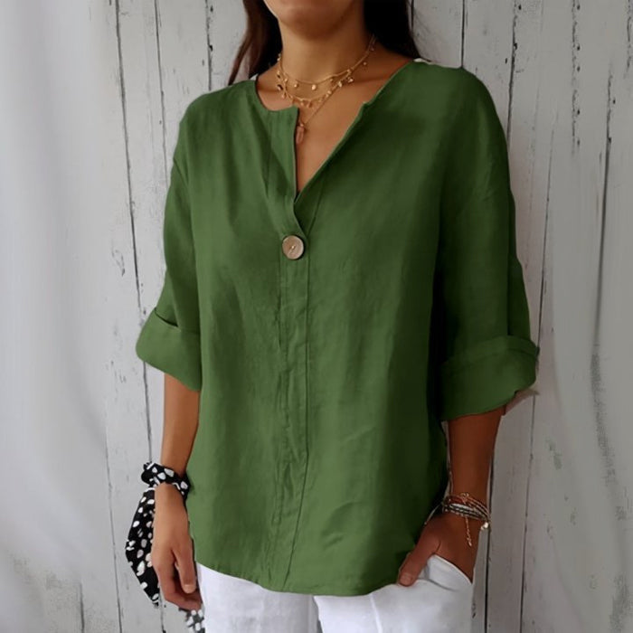 Anna Blouse En Lin Col V Décontractée Manches Roulées Longueur Hanche Pour Printemps Été