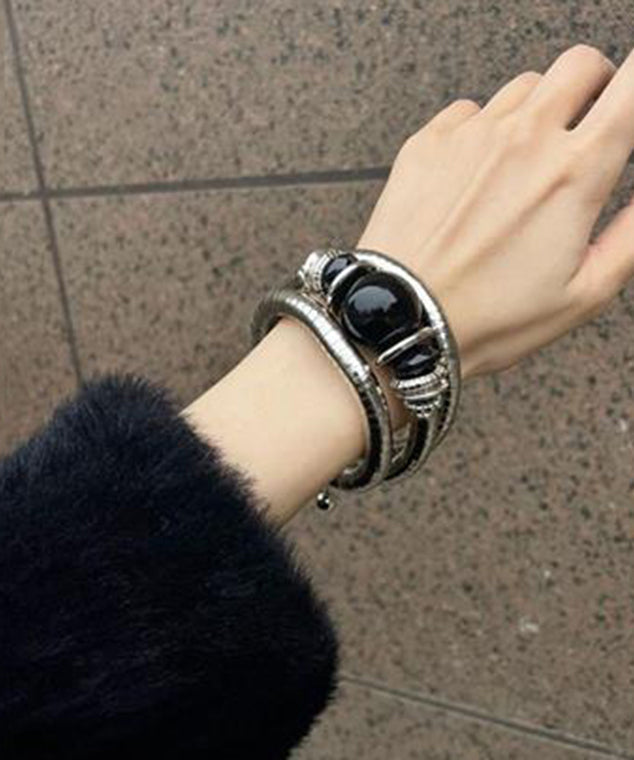Bracelet élastique vintage en alliage noir et agate - Amawinc