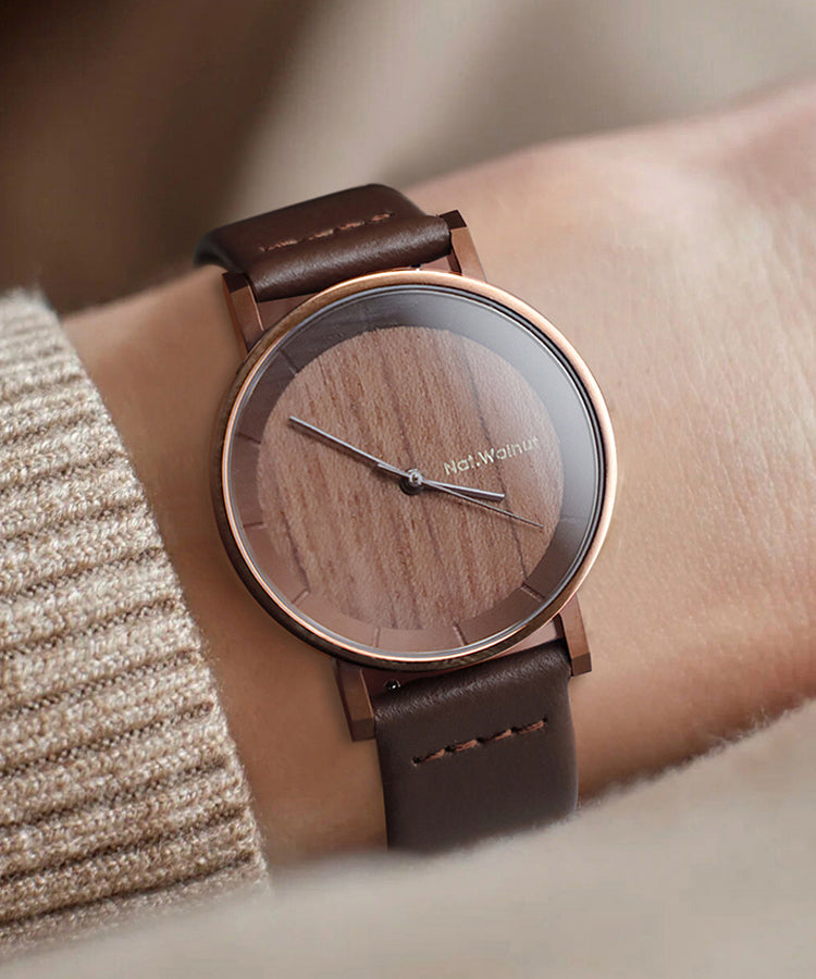 Montre vintage à quartz en cuir véritable marron avec incrustations de bois - Amawinc