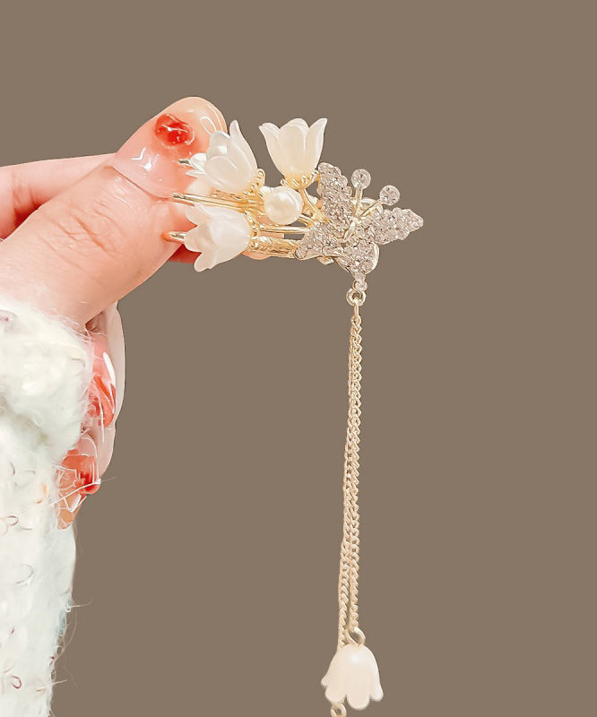 Épingle à cheveux vintage en alliage de cuivre doré et zircon, motif fleur et pompon - Amawinc