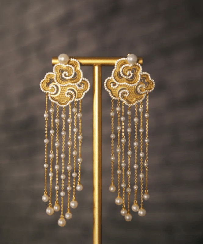 Boucles d'oreilles pendantes vintage en argent sterling doré et zircons, nuages de bon augure, perles et pompons - Amawinc