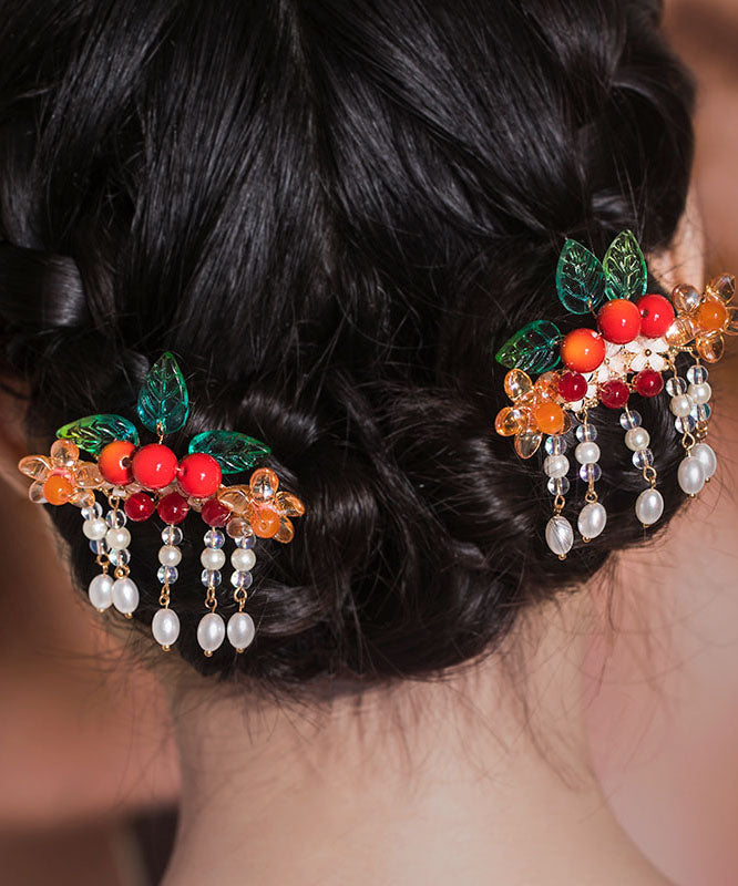 Paire d'épingles à cheveux vintage en cuivre doré à l'arc-en-ciel et pompon en forme de feuille d'aubépine. - Amawinc