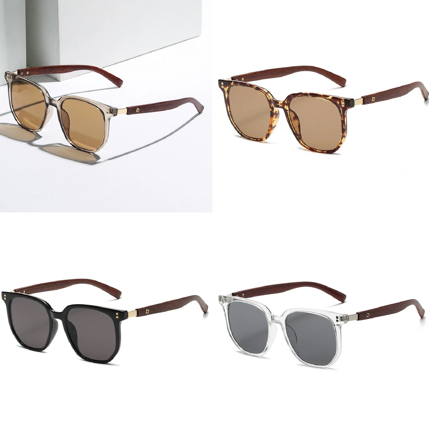 Lunettes de Soleil Vintage Oversize Motif Bois Grain Lentilles Léopard Été Intemporel