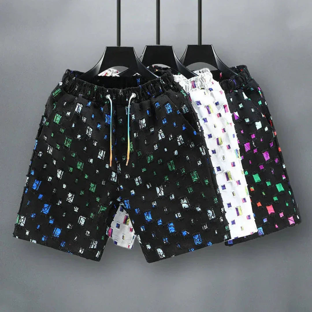 Waylynn Vito Shorts Denim Réfléchissant Grille Motif Carré Multicolore Pour Homme À Taille Elastique