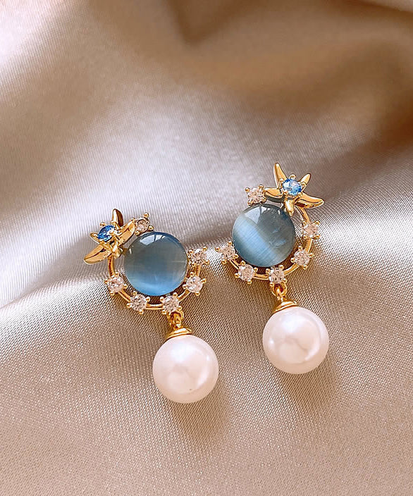 Boucles d'oreilles pendantes en pierre œil de chat avec perle et zircon bleu surdoré Vogue - Amawinc