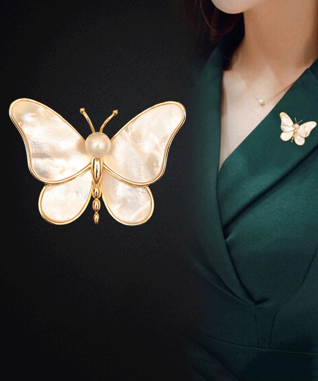 Broches papillon en nacre et cuivre surdoré couleur champagne Vogue - Amawinc