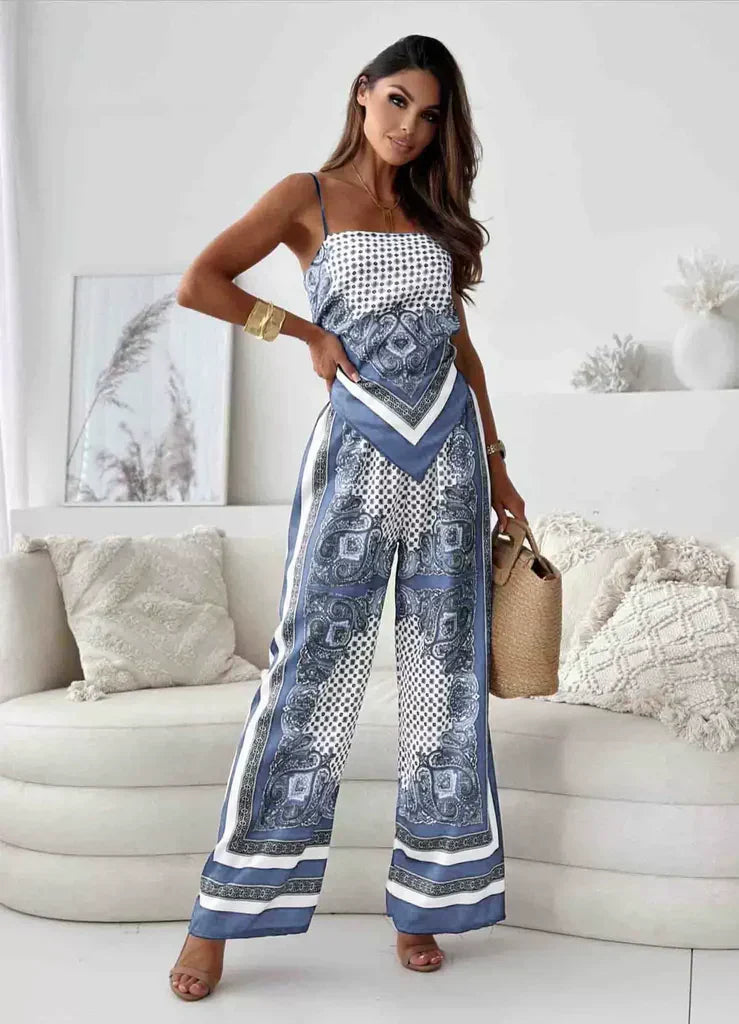 Ensemble Sans Manches Pour Femmes En Mélange De Soie Haut À Bretelles Fines Et Pantalon Large