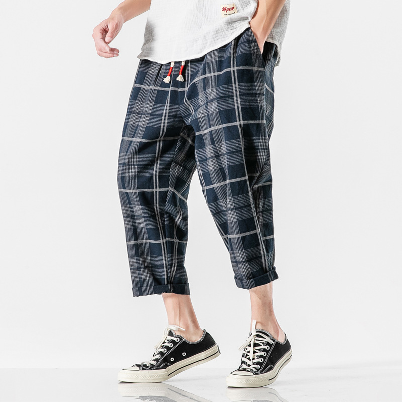 Pantalon Oversize À Carreaux Bleu Marine Mélange Coton Lin Longueur Cheville Confortable