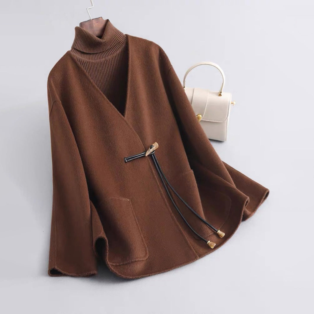 Manteau Femme En Laine Chaud Automne Élégant Double Face Col V Boutons En Corne Chic