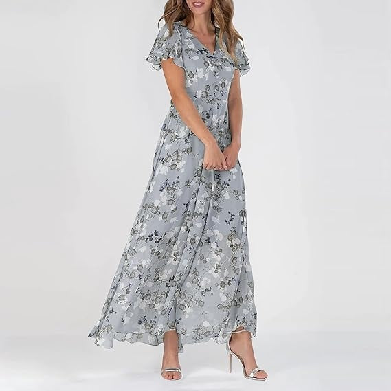 Grace Amawinc Robe Florale Maxi À Manches Courtes, Robe Longue Léger Pour Jours Chauds Et Événements