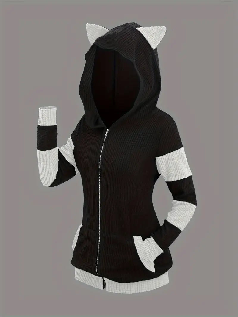 Keyviah Plus Size Zip-Up Cat Ear Hooded Jacket, Cute Color Block Long Sleeves