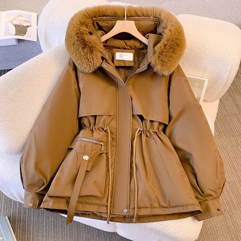 Parka Femme Imperméable Avec Capuche Doublée Taille Ajustable Bordure En Fourrure