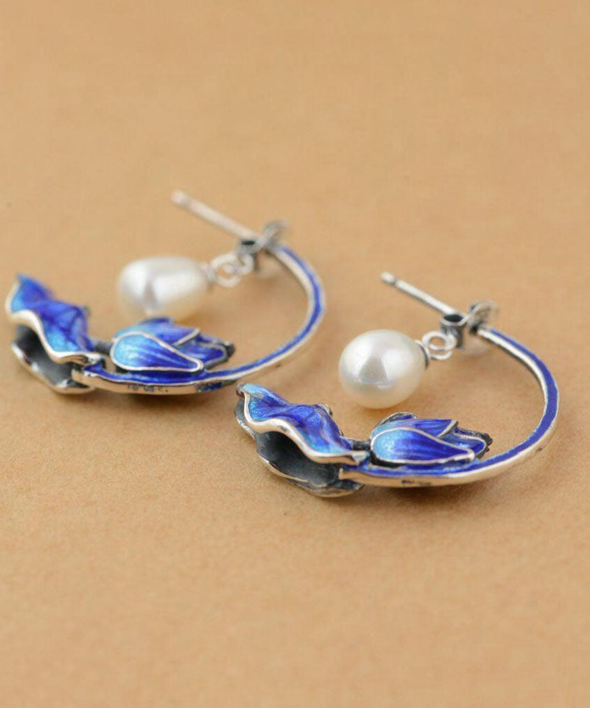 Boucles d'oreilles créoles en argent sterling bleu avec perles cloisonnées et lotus pour femmes - Amawinc