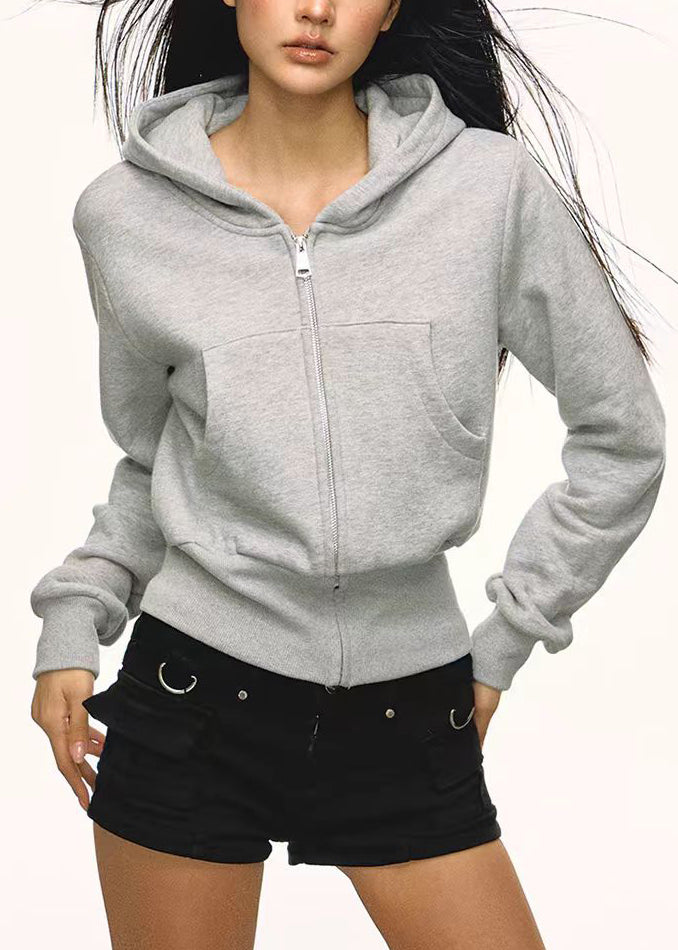 Sweat à capuche gris à poches zippées pour femme, en coton décontracté, idéal pour l'automne - Amawinc