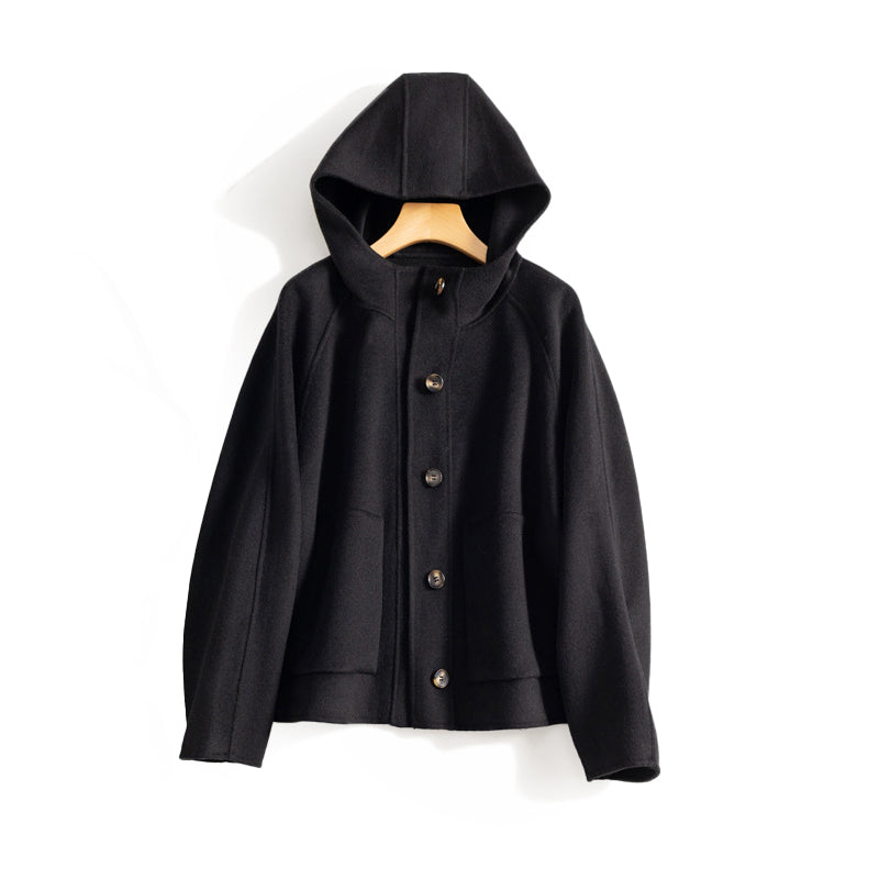 Manteau Femme Double Face En Laine Avec Capuche Boutons Pour Une Silhouette Élégante Et Polyvalente Par Temps Froid