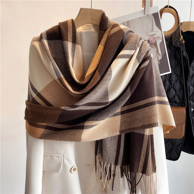 Écharpe Tricotée Plaid À Carreaux Avec Texture Cachemire Imité Longueur 200 Cm Et Franges Élégantes