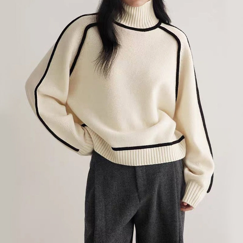 Pull Femme Col Roulé En Maille Avec Bordures Contrastées Coupe Décontractée Épaules Tombantes