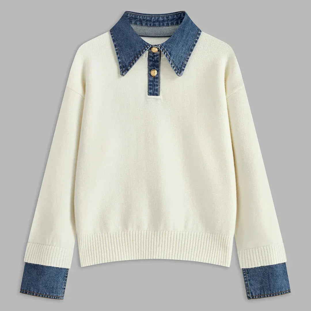 Pull Femme Col Denim Et Poignets En Denim Avec Boutons Frontaux Pour Un Style Décontracté Et Moderne