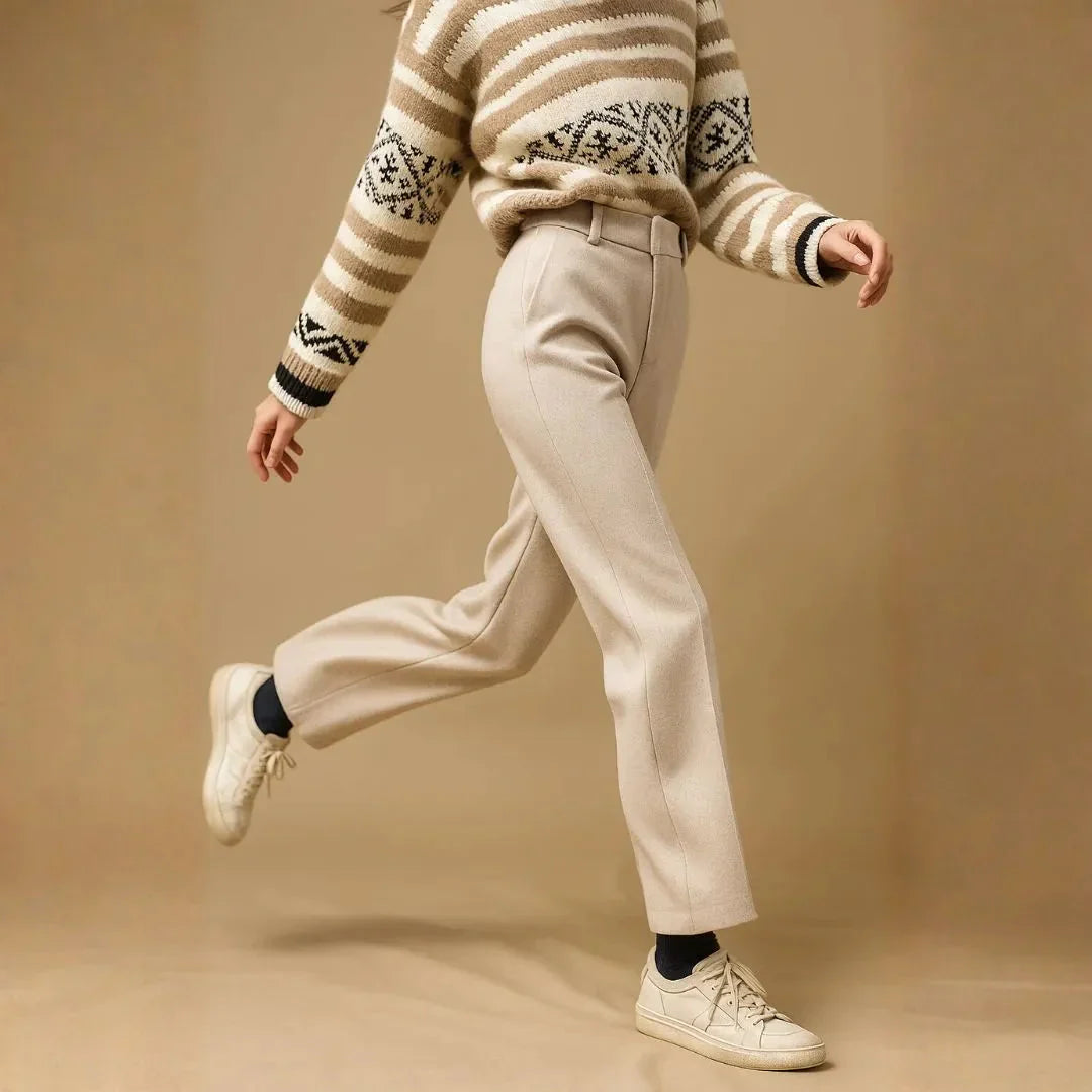 Pantalon Femme Taille Haute En Laine Mélangée À Jambe Droite Pour L'hiver Élégant Et Confortable Look Polyvalent