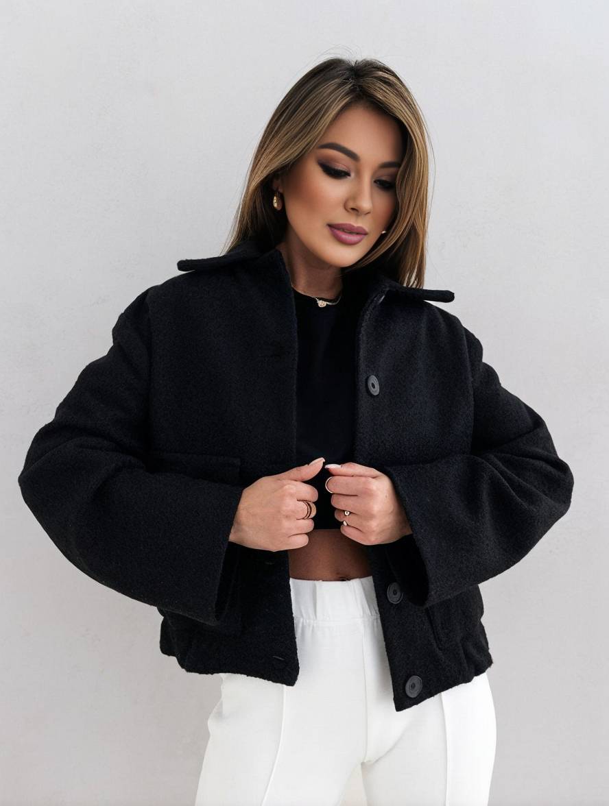 Manteau Décontracté Pour Femme En Mélange De Laine Longueur Des Hanches Boutonnage Devant Poches