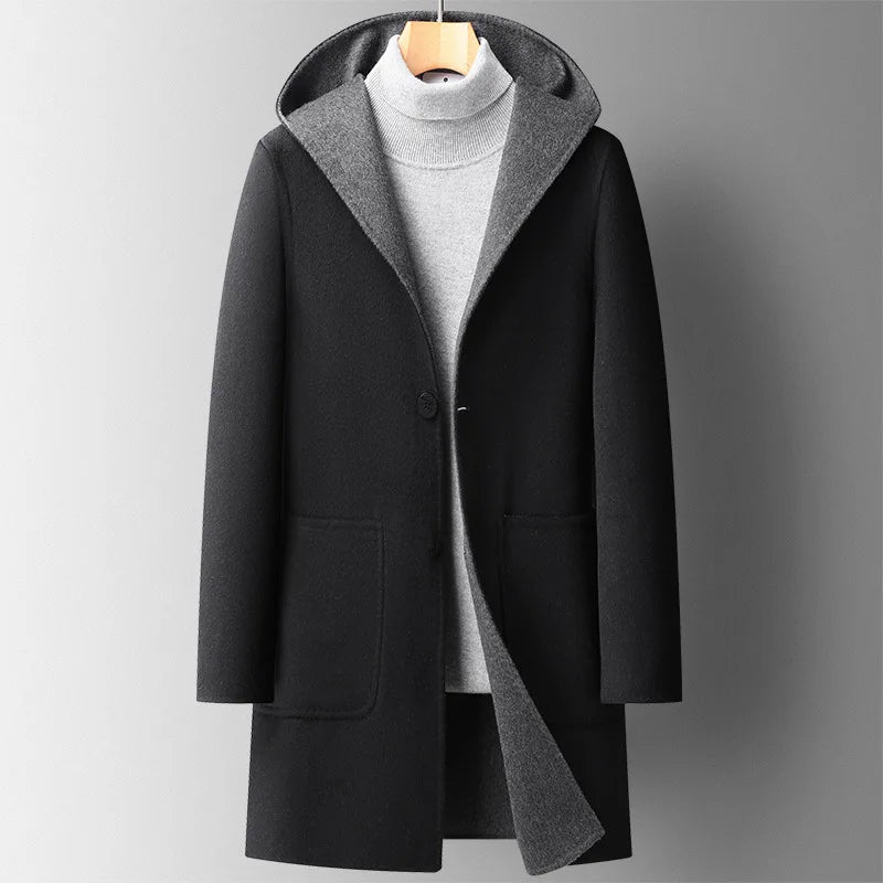 Manteau Long En Laine À Capuche Mélange Premium Pour Ville Élégant Et Confortable