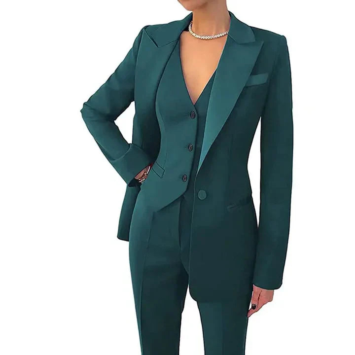 Ensemble Trois Pièces Pour Femme Avec Blazer Coupe Ajustée Mélange Laine Revers À Encoche Simple Boutonnage Habillé