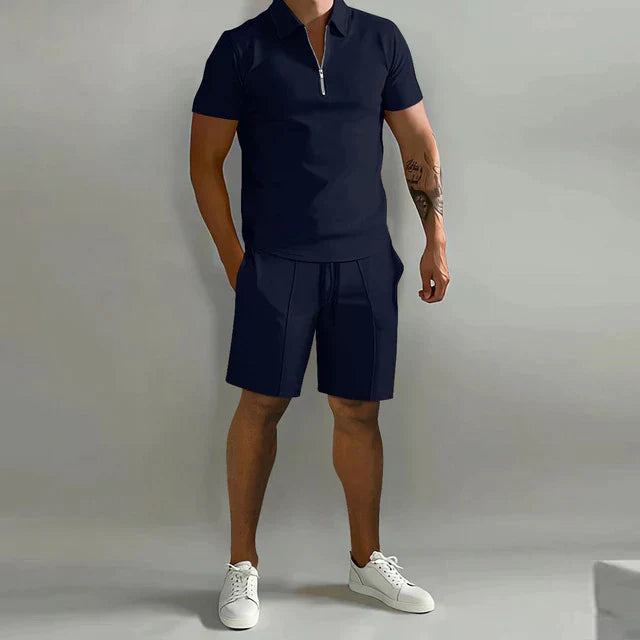 Ensemble Homme Polo Manches Courtes Zip Slim Fit Avec Shorts À Cordon Pour Activité Décontractée
