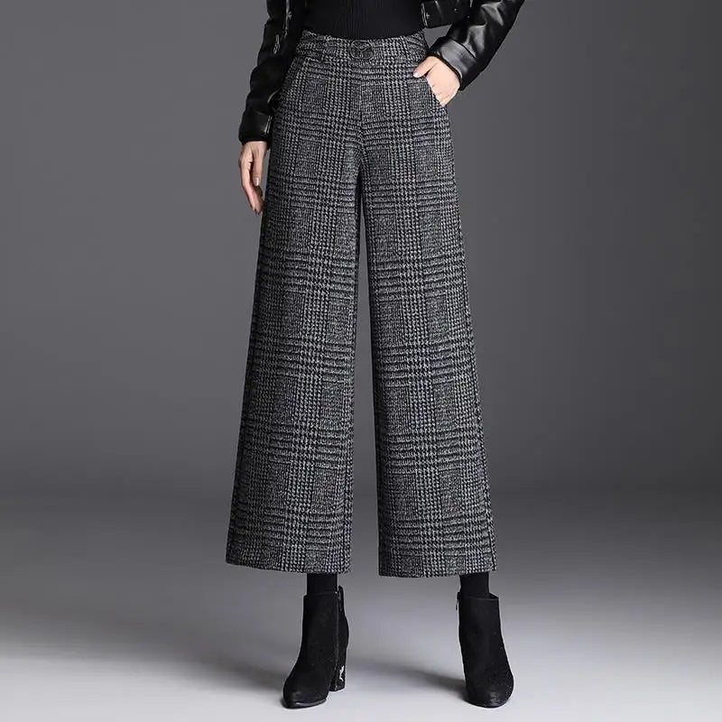 Pantalon en Laine Nordique Taille Haute à Jambes Larges à Carreaux Poches Longueur Cheville